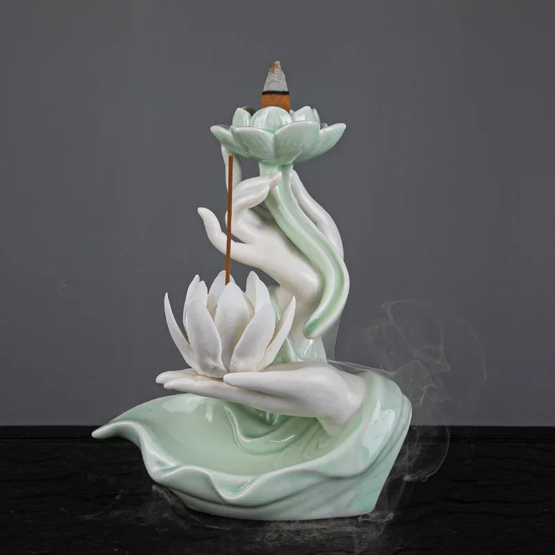 Newest Celadon Backflow Incense Fountain Antique Lotus Incense Burner for Incense Sticks Holder Gothic Decor Zen Bergamot Stove seal