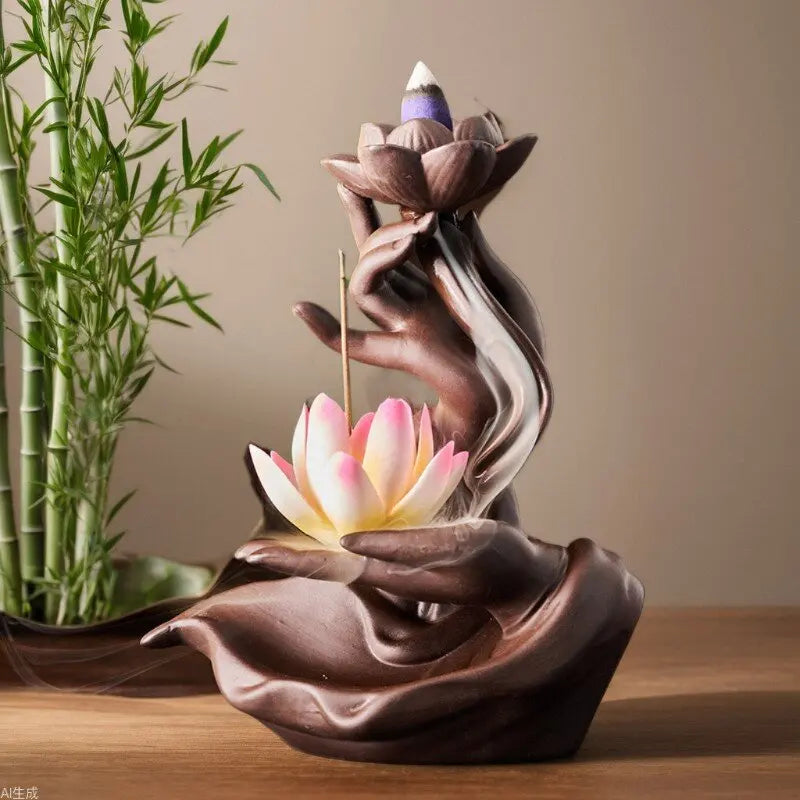 Newest Celadon Backflow Incense Fountain Antique Lotus Incense Burner for Incense Sticks Holder Gothic Decor Zen Bergamot Stove seal
